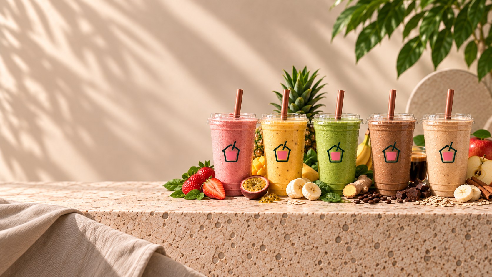 Three House of Smoothies cups with fresh fruit