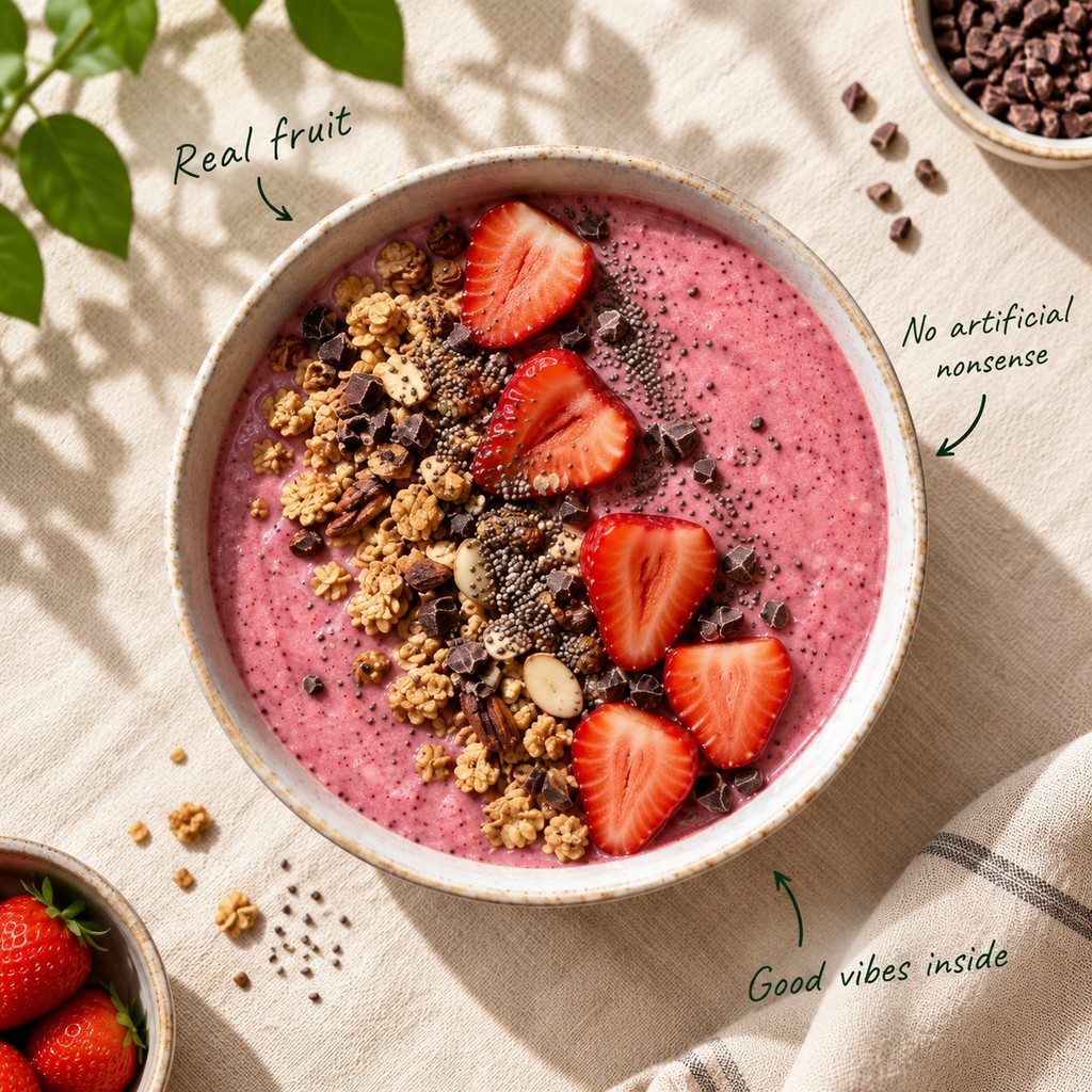 Berry smoothie bowl with granola and strawberries